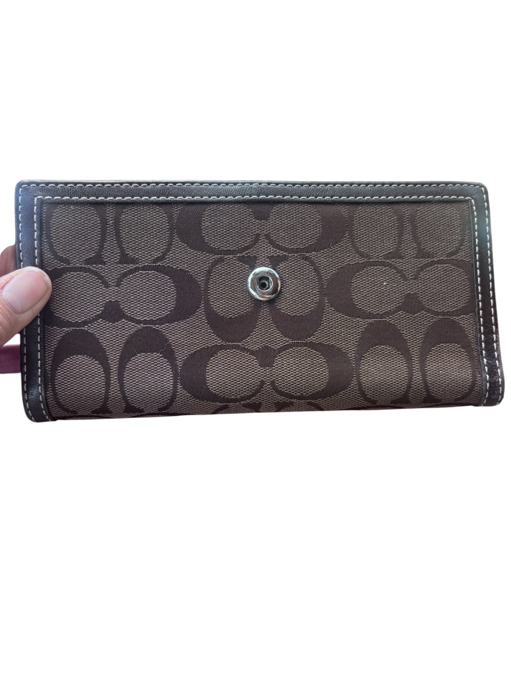 Coach Signature Brown Jacquard Canvas & Leather Snap Wallet - Picture 5 of 8